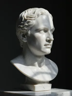 Classical white marble bust portrait with chisel detail under dramatic raking window light