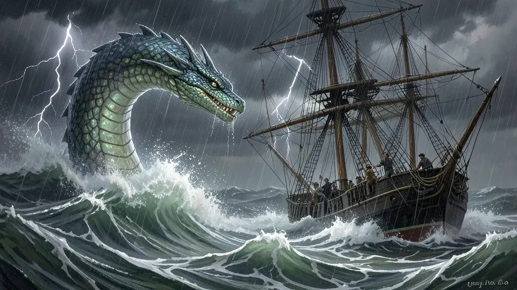 A sea serpent breaching storm waves beside a sailing ship