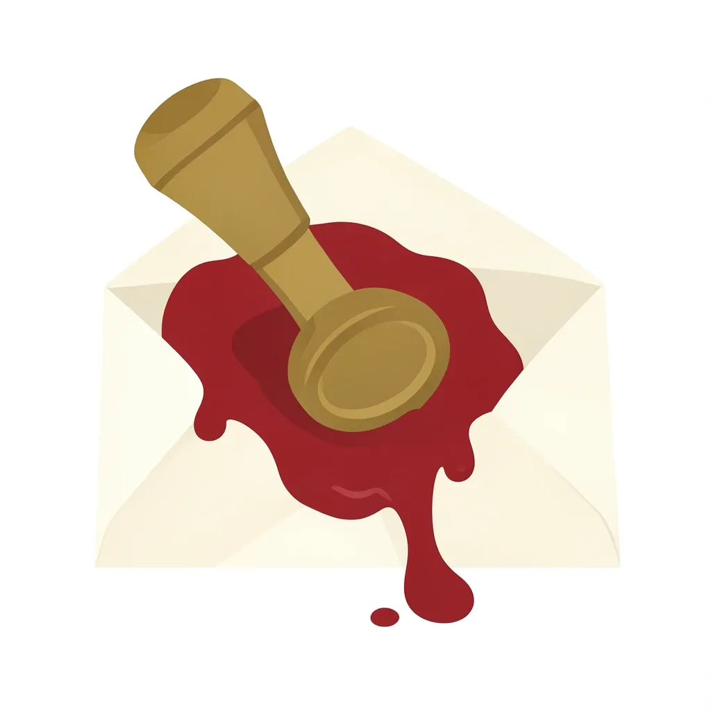 A flat illustration of a brass seal stamp pressing into molten red wax on an envelope flap.