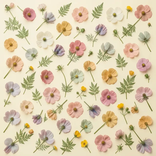 Repeating pattern of pressed cosmos, larkspur and ferns in faded rose and sage on cream
