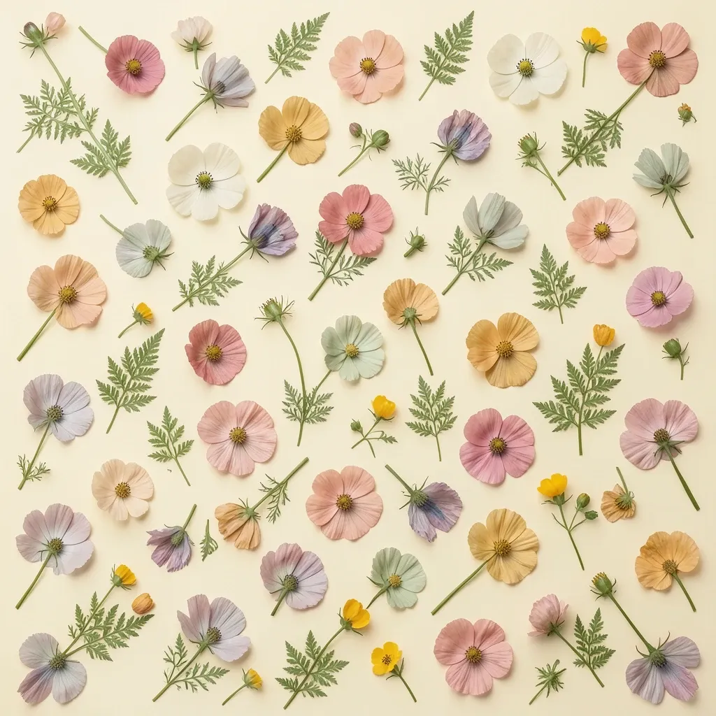 Repeating pattern of pressed cosmos, larkspur and ferns in faded rose and sage on cream