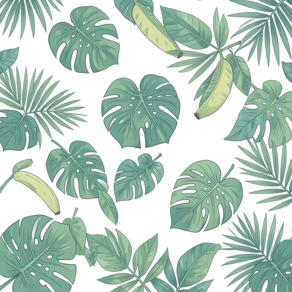 Seamless tropical leaf pattern with monstera and palm fronds on white