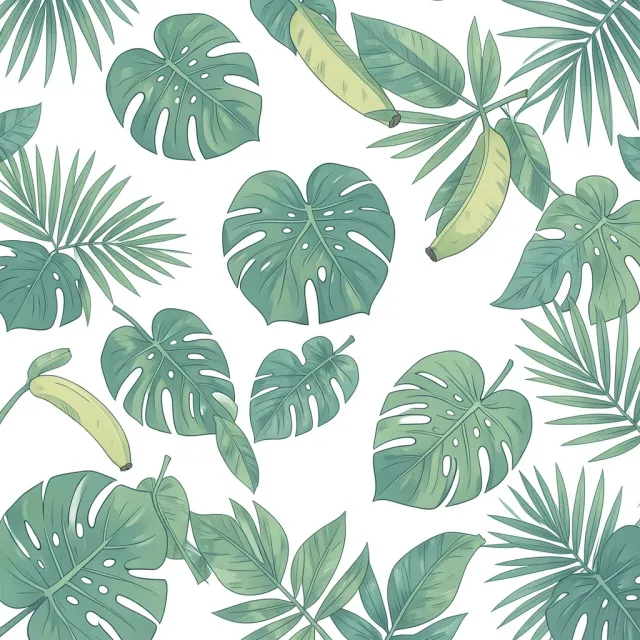 Seamless tropical leaf pattern with monstera and palm fronds on white