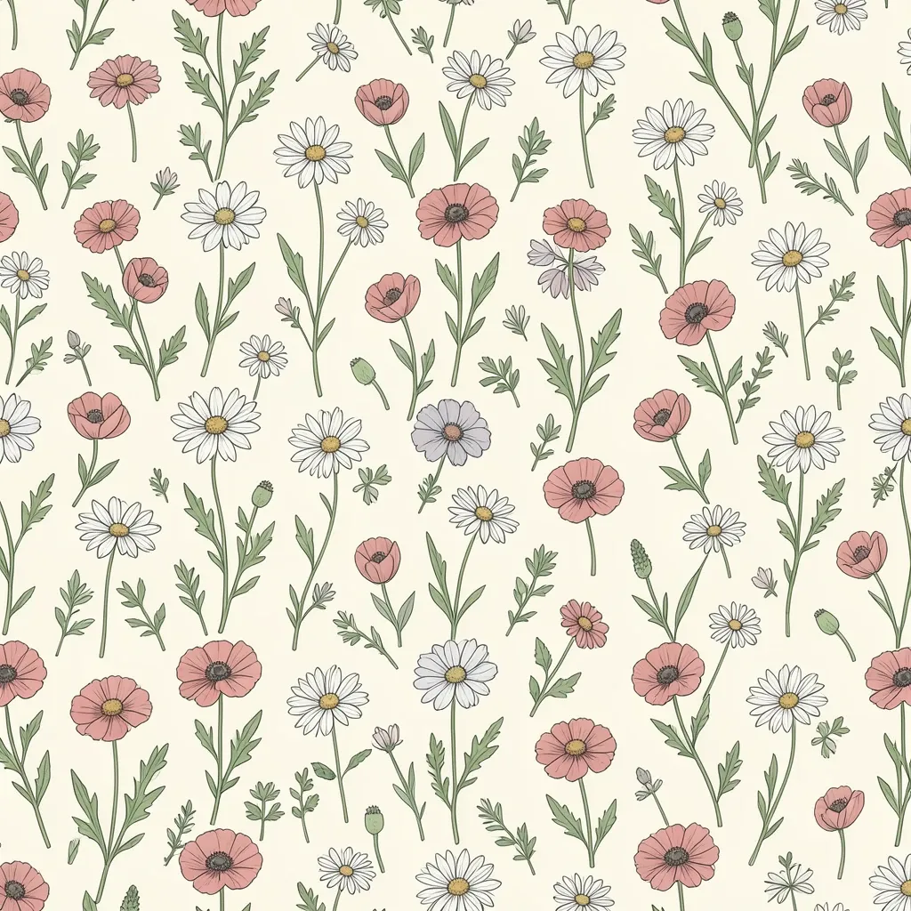 Seamless wildflower repeat pattern with daisies and poppies scattered on a soft cream background
