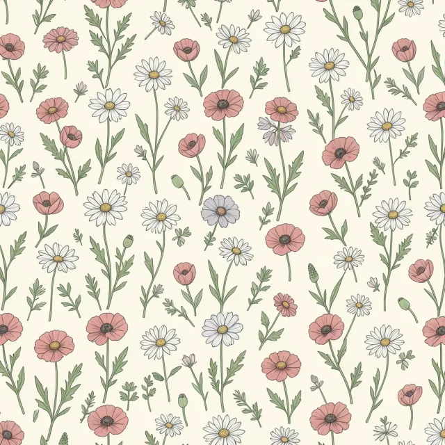 Seamless wildflower repeat pattern with daisies and poppies scattered on a soft cream background