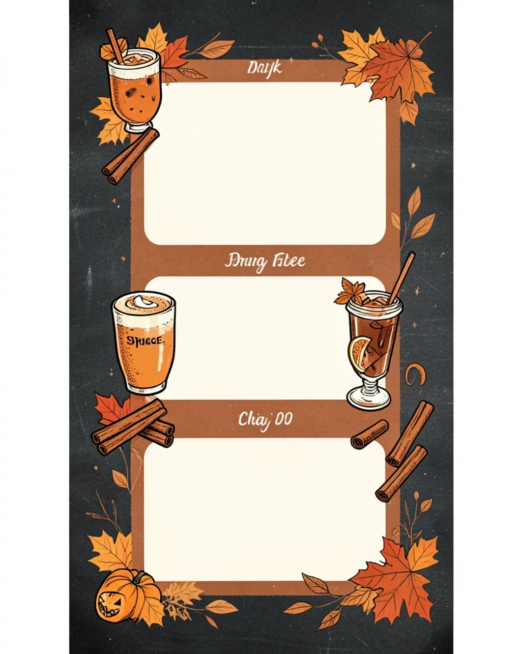 Seasonal fall drink menu board with pumpkin spice latte and warm autumn colors