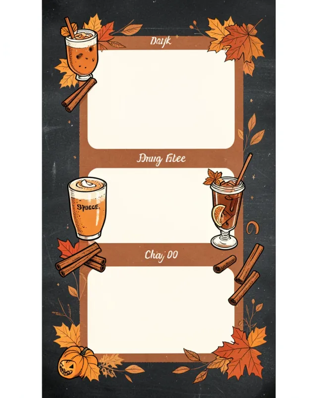 Seasonal fall drink menu board with pumpkin spice latte and warm autumn colors