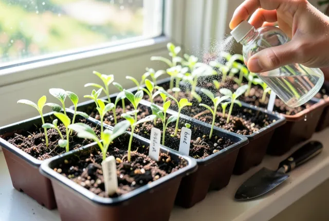 Seedlings with first true leaves in starting trays being misted on a sunny windowsill.