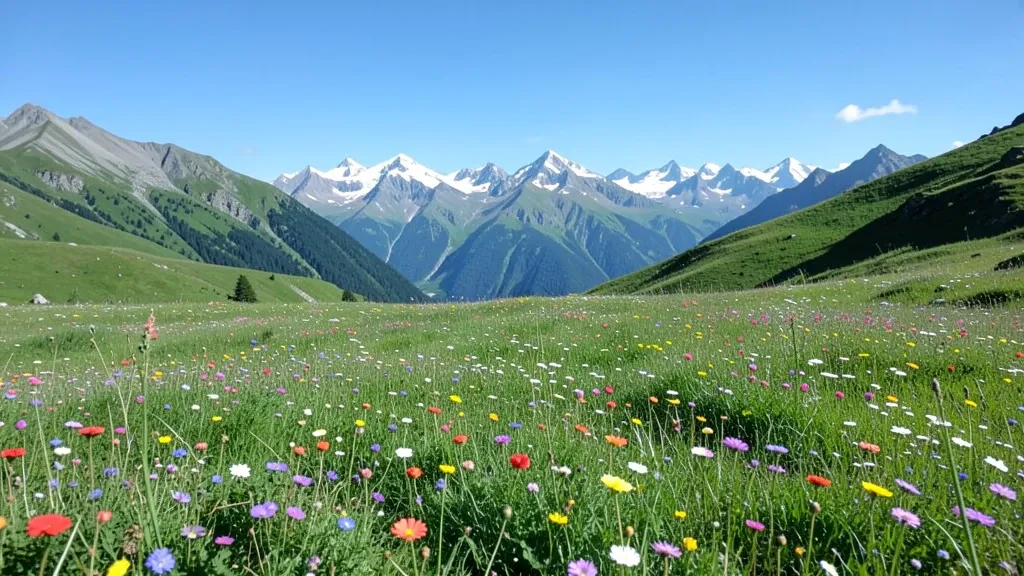 Green alpine meadow dotted with colorful wildflowers and snow-capped peaks under a clear blue sky