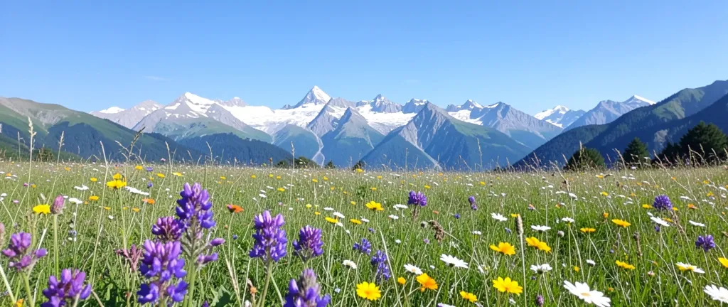 Serene alpine meadow with purple yellow and white wildflowers toward snow-capped mountains