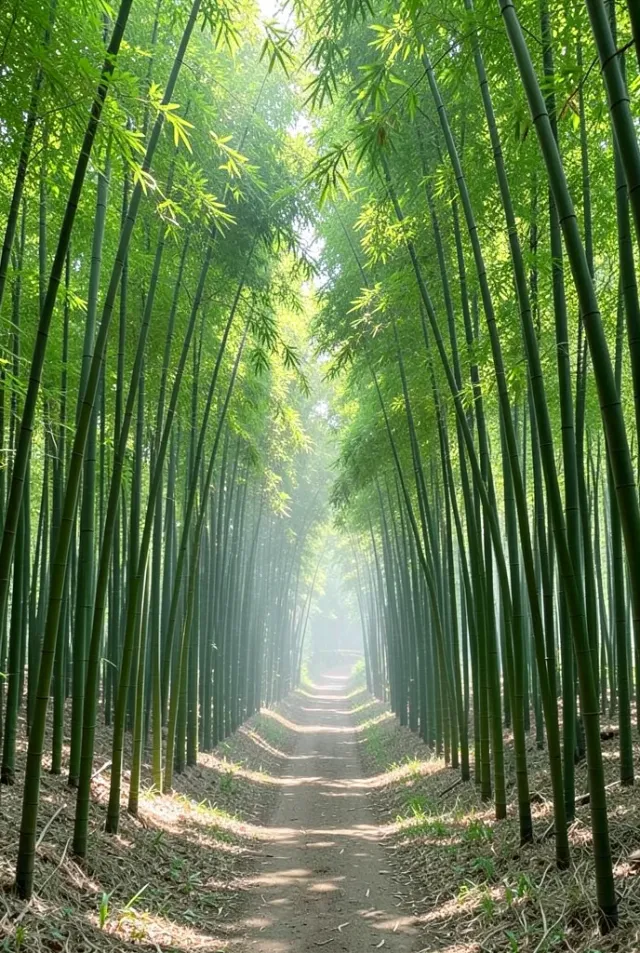 Tall bamboo stalks lining a narrow dirt path with dappled sunlight and mist in the distance