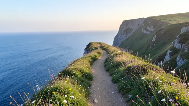 Narrow cliffside path with wildflowers along the edge and calm blue ocean far below in soft afternoon light