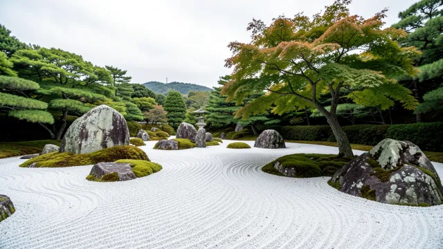 Serene Japanese rock garden with raked white gravel wave patterns and moss boulders