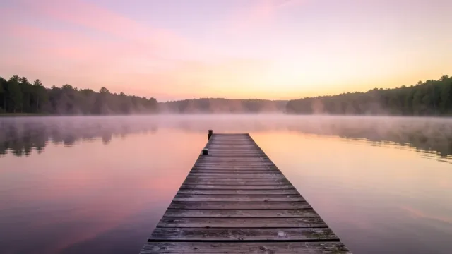 Wooden dock extending into calm lake with mist rising and pink and gold sunrise reflected in water