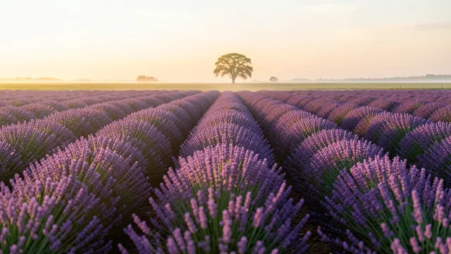 Rows of purple lavender stretching into the distance at sunrise with a lone tree on the horizon