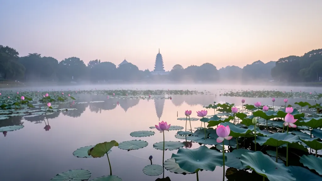 Pink lotus flowers on calm water with lily pads, mist, distant pagoda silhouette, and pastel dawn sky