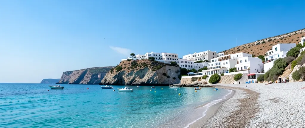 Turquoise Mediterranean water meeting a pebble beach with white-washed cliff buildings and anchored boats