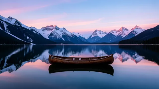 Wooden canoe on still mountain lake with perfect reflections of snow-capped peaks at dawn