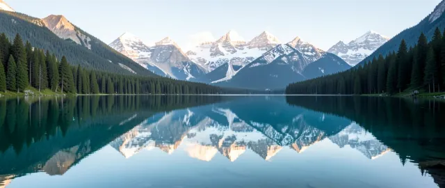 Crystal clear alpine lake reflecting snow-capped peaks and pine forest in perfectly still morning light