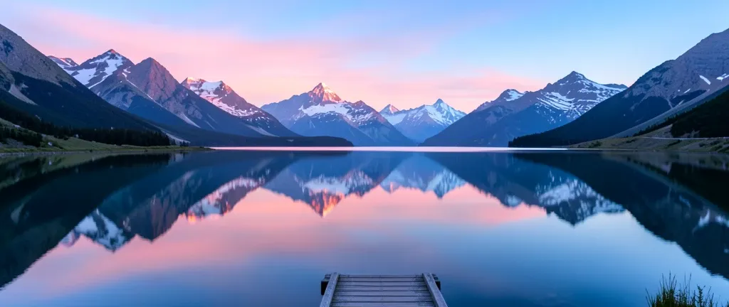 Serene dawn mountain lake with snow-capped peaks perfectly reflected in still water
