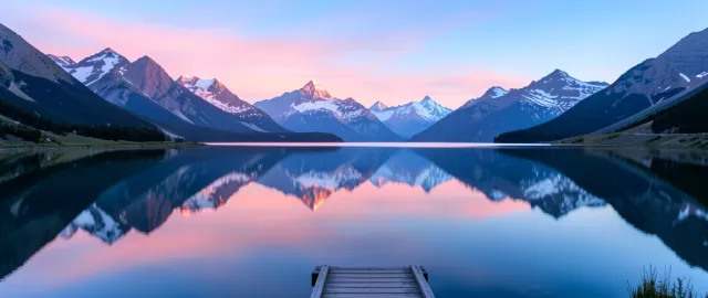 Serene dawn mountain lake with snow-capped peaks perfectly reflected in still water