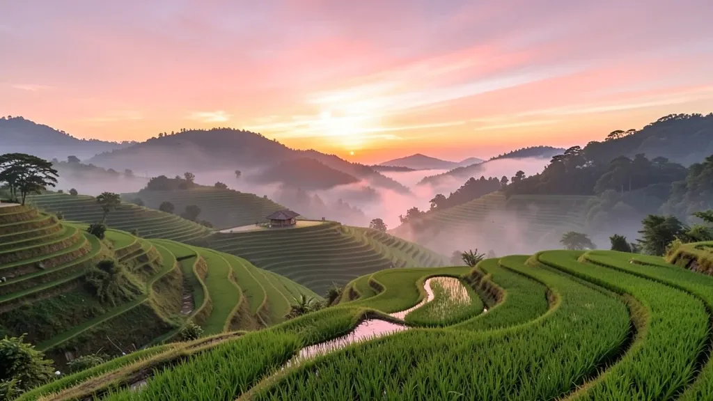 Layered green rice terraces reflecting pink and gold sunrise sky with mist in the valleys