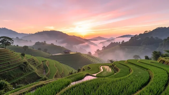 Layered green rice terraces reflecting pink and gold sunrise sky with mist in the valleys