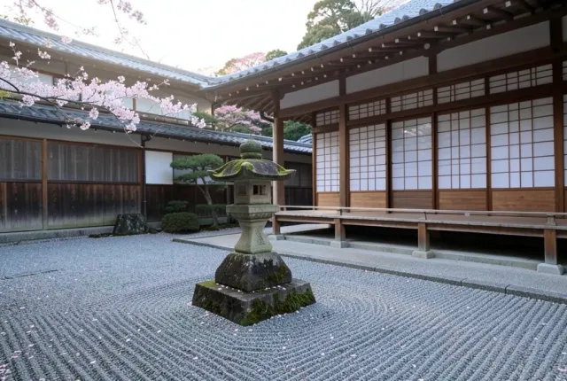 Serene Kyoto temple courtyard with raked gravel, moss lantern, shoji screens, and cherry blossom petals