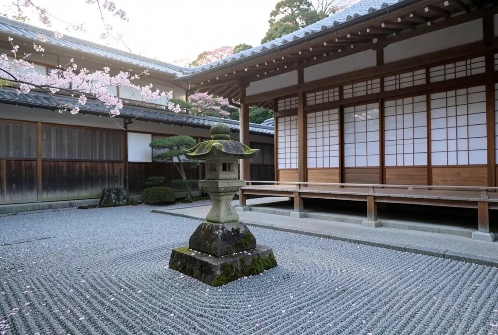 Serene Kyoto temple courtyard with raked gravel, moss lantern, shoji screens, and cherry blossom petals