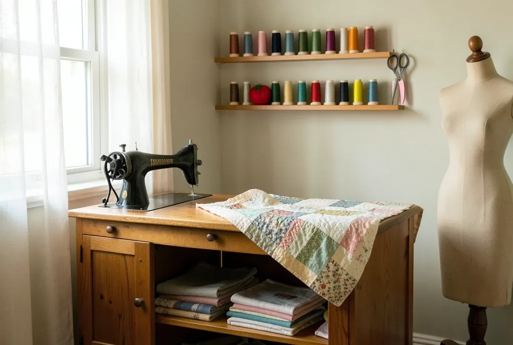 Home sewing room with a treadle machine, a wall of colour-graded thread spools and a quilt top