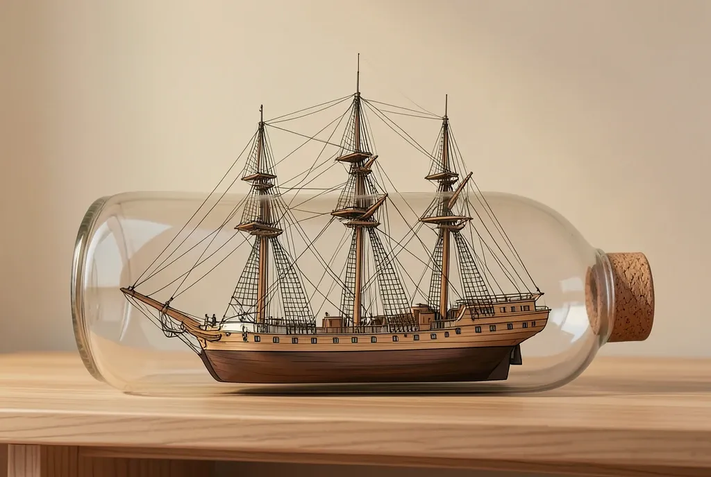 A model tall ship with full rigging inside a corked glass bottle on a shelf.
