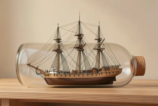 A model tall ship with full rigging inside a corked glass bottle on a shelf.