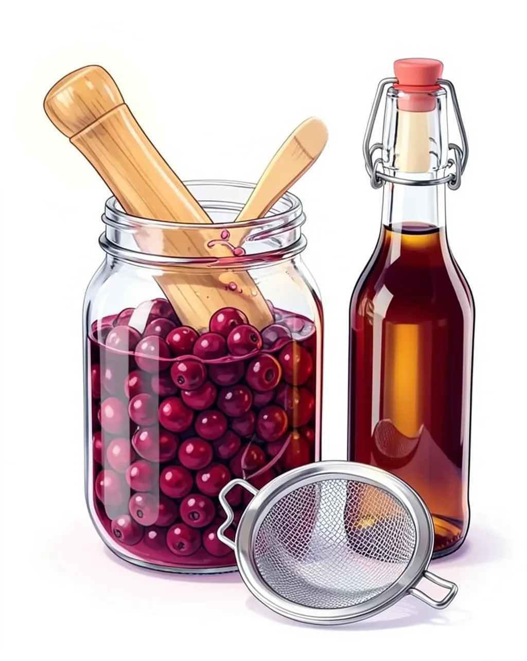 Editorial illustration of berries being topped with vinegar in a jar, a strainer beside