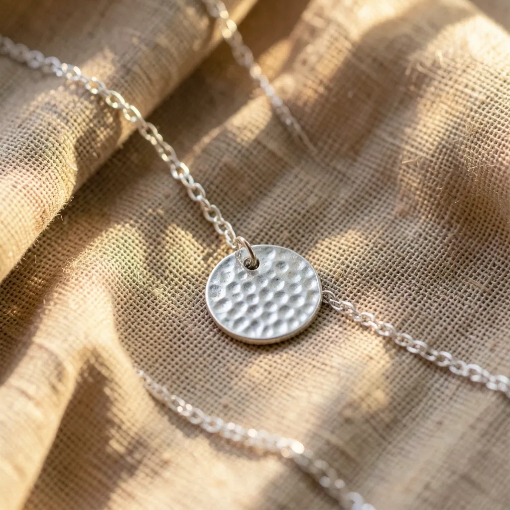 Fine silver chain with a hammered disc pendant draped in an S-curve across crumpled linen