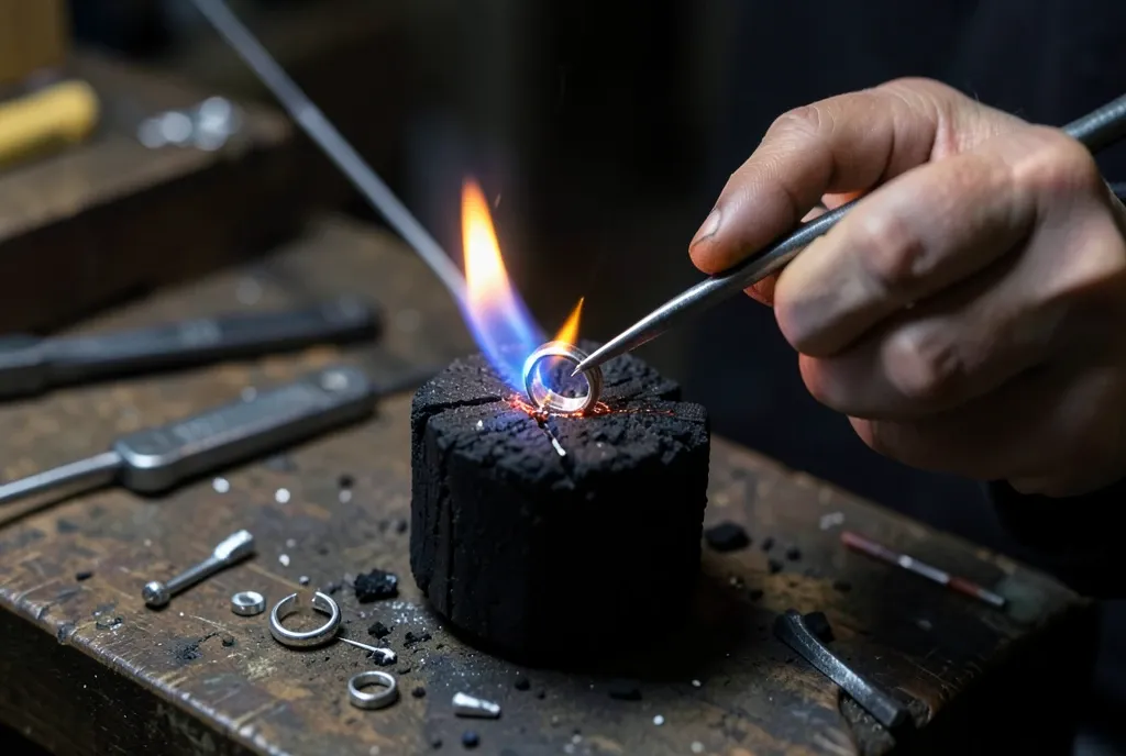 A silversmith soldering a silver ring on a charcoal block with a fine torch flame.