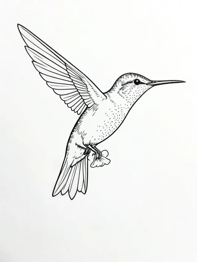 Fine-line hummingbird tattoo design in black linework on white paper with a trumpet flower below