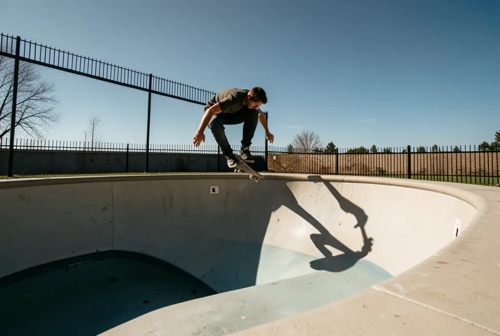 A skateboarder carving the wall of an empty backyard pool in hard afternoon sun.