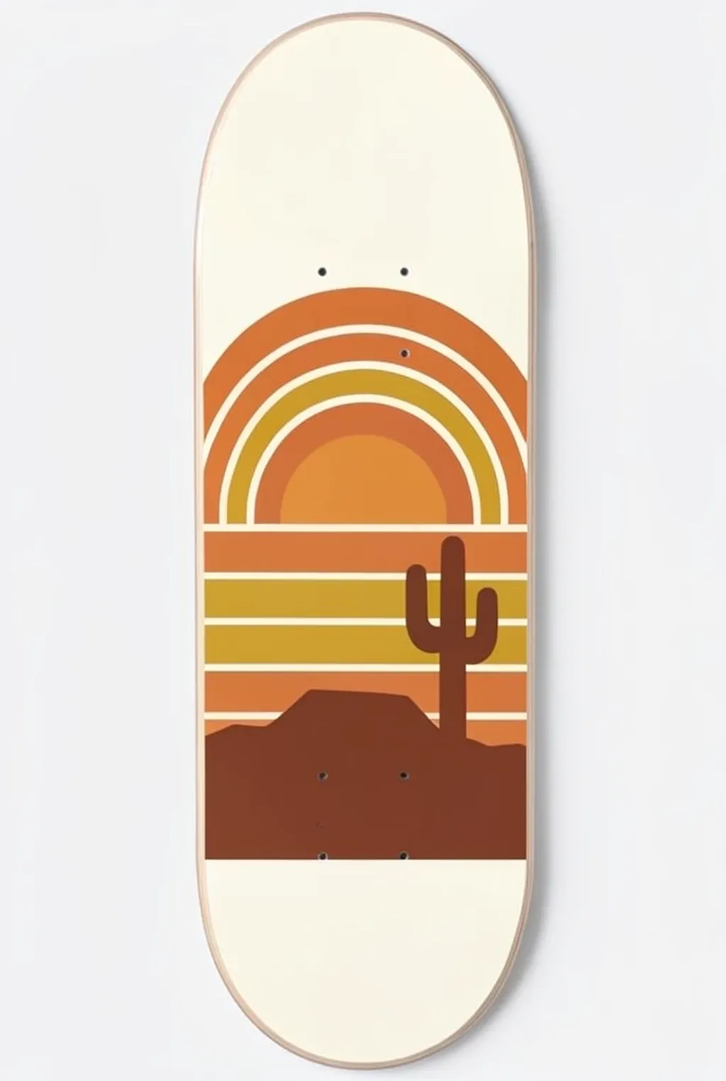 Skateboard deck graphic with a banded seventies sun, mesa silhouette and saguaro on cream