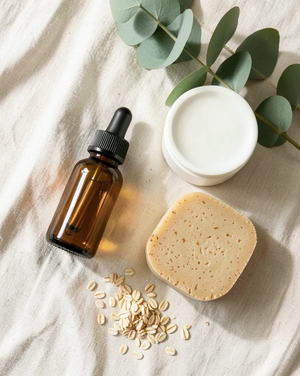 A skincare flat-lay product photo on linen — AI-generated example render