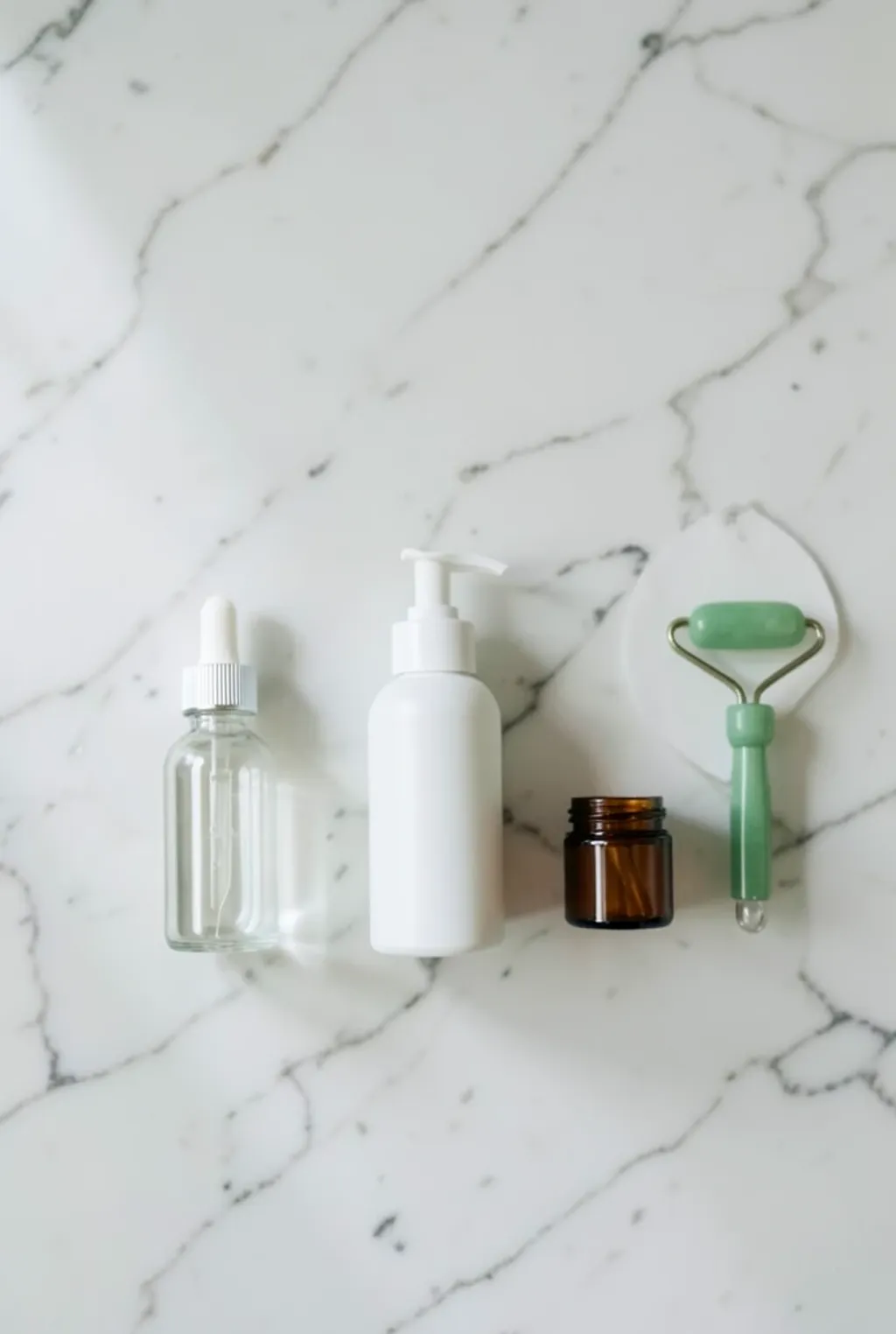 Skincare routine Pinterest pin flat-lay of five products on marble in white sage green and amber