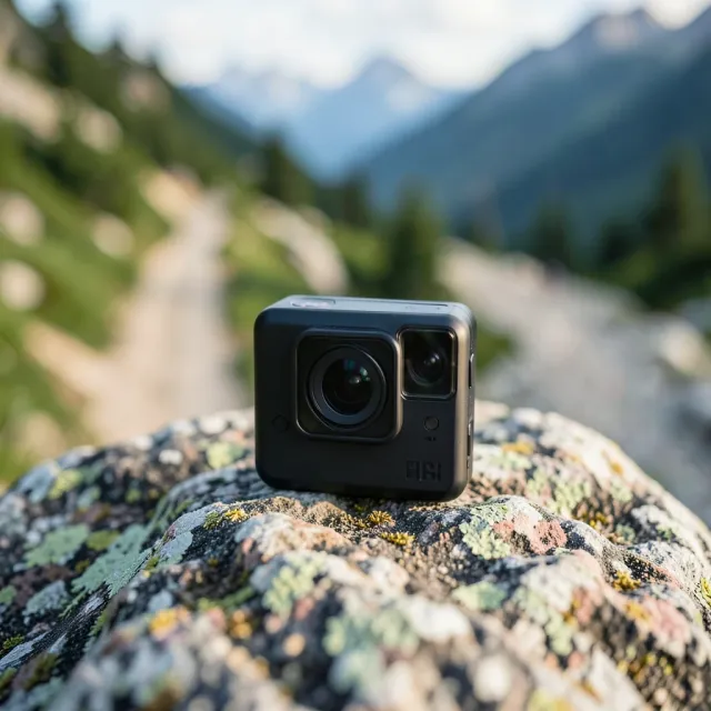 Compact black action camera on a rugged rock with blurred mountain trail background