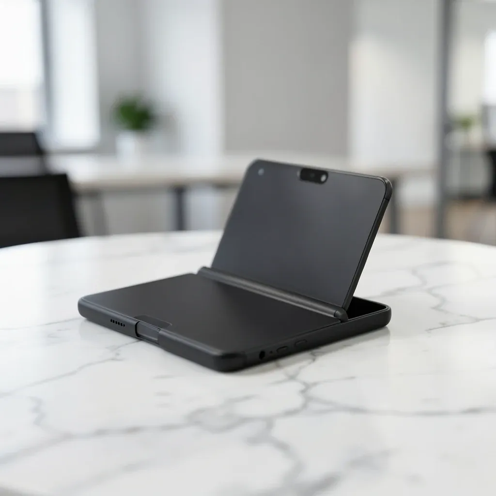 Modern black foldable smartphone half-open on white marble surface with soft studio light