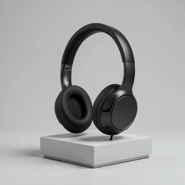 Modern over-ear headphones on a minimalist stand against soft grey background with subtle shadow