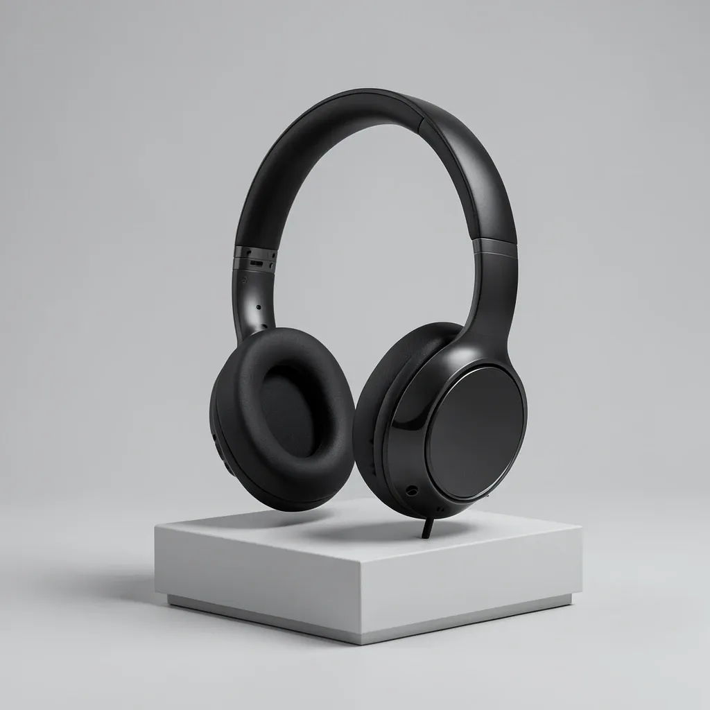 Modern over-ear headphones on a minimalist stand against soft grey background with subtle shadow