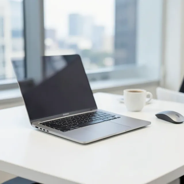 Slim silver laptop half-open on a clean white desk with mouse, coffee cup, and blurred office window