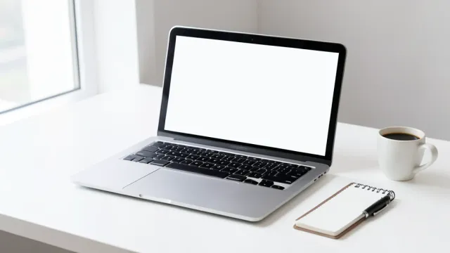 Sleek silver laptop on a clean white desk with notebook, pen, and coffee cup in soft window light