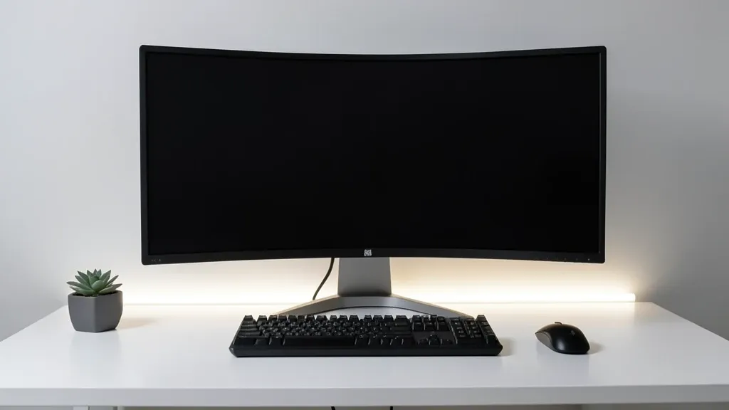 Sleek modern desk with curved ultrawide monitor, mechanical keyboard, and ambient light strip