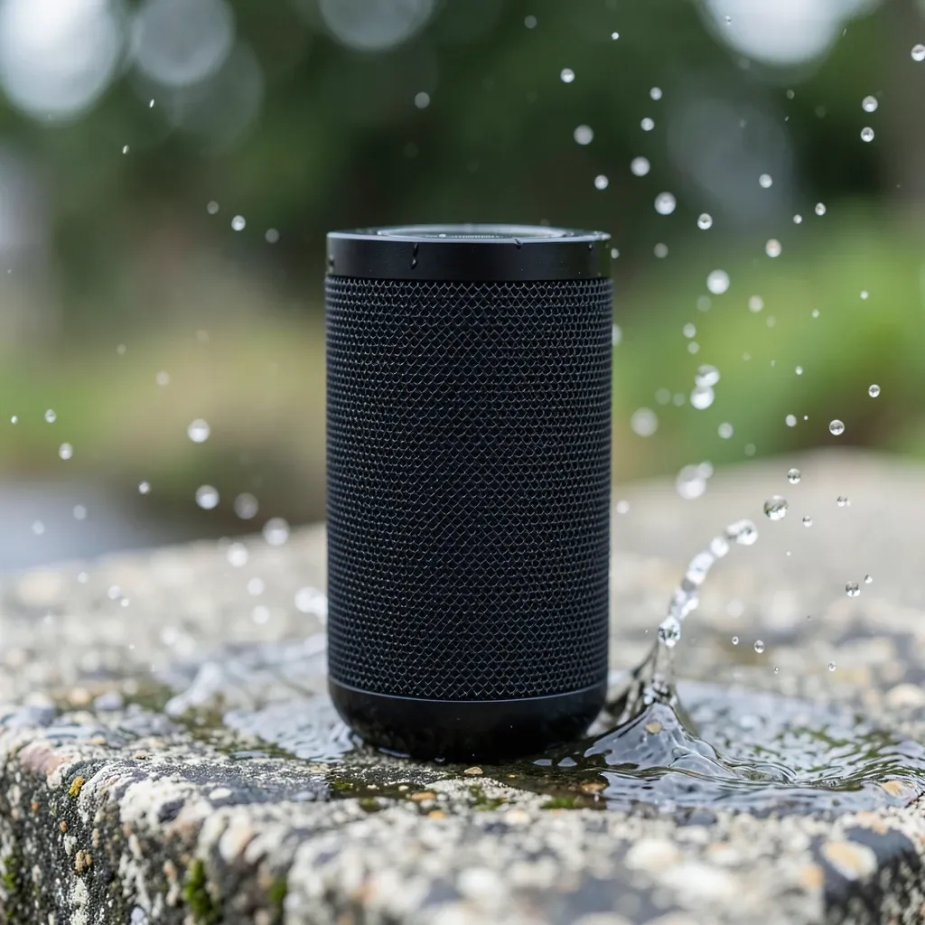 Sleek cylindrical black speaker with mesh grille on concrete with water droplets and blurred background