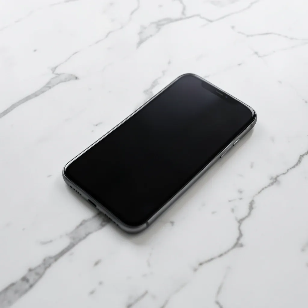 Sleek modern smartphone lying flat on white marble with subtle grey veins and soft shadow