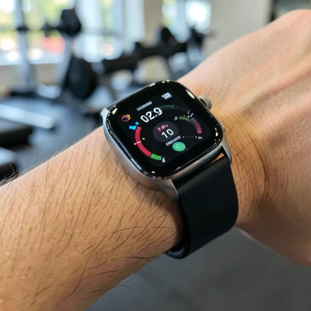 Close-up of a sleek modern smartwatch with black sport band on a wrist, clean digital face with activity rings